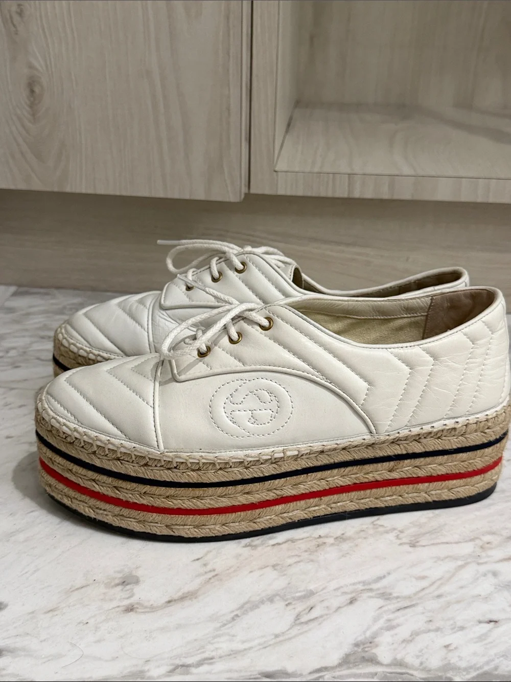 Gucci White Quilted Leather Platform Espadrille Sneakers with Red & Navy Stripes